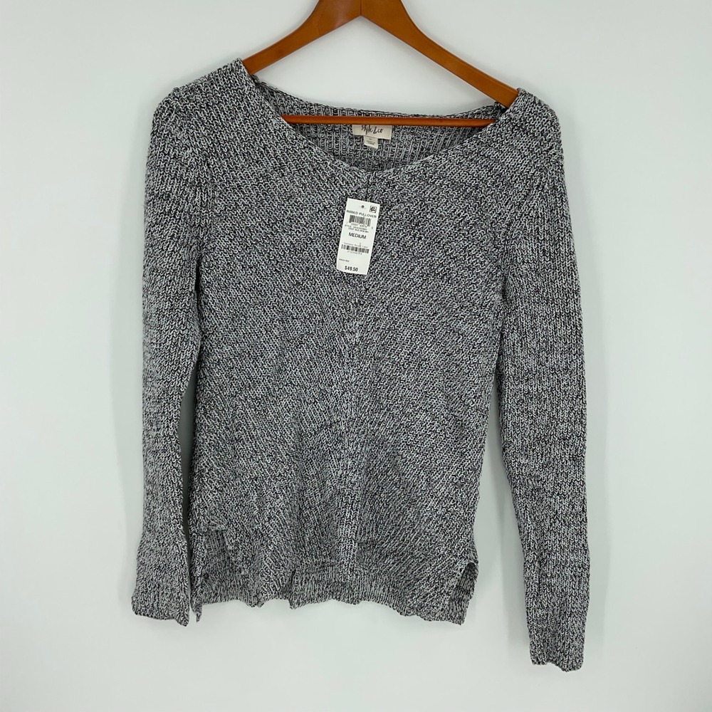 Style Co Sweater Knit Long Sleeve Scoop Neck Women Medium Gray White Speckled